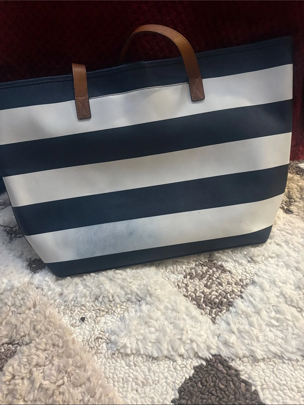 Michael Kors Navy and White Striped Shoulder Tote with Brown Handle